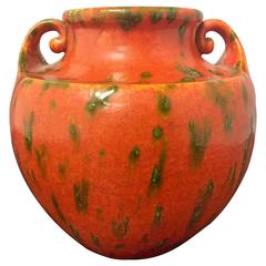 Mid-Century Ceramic Vase with Handles in Heavy Orange Glaze 8