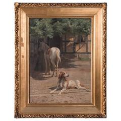 Antique 19th Century Original Danish Oil Painting of a Horse and Hunting Dog