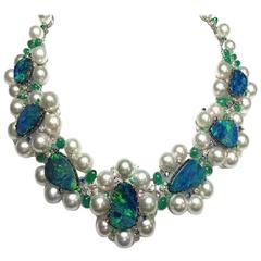 Vintage Rare Estate 18-Karat South Sea Pearl Black Opal Diamond Emerald Necklace