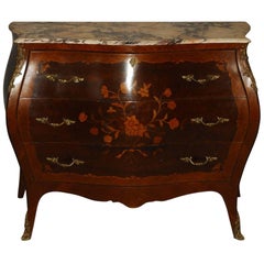  Louis XV Style Marquetry Inlaid Marble Top Bombe Commode