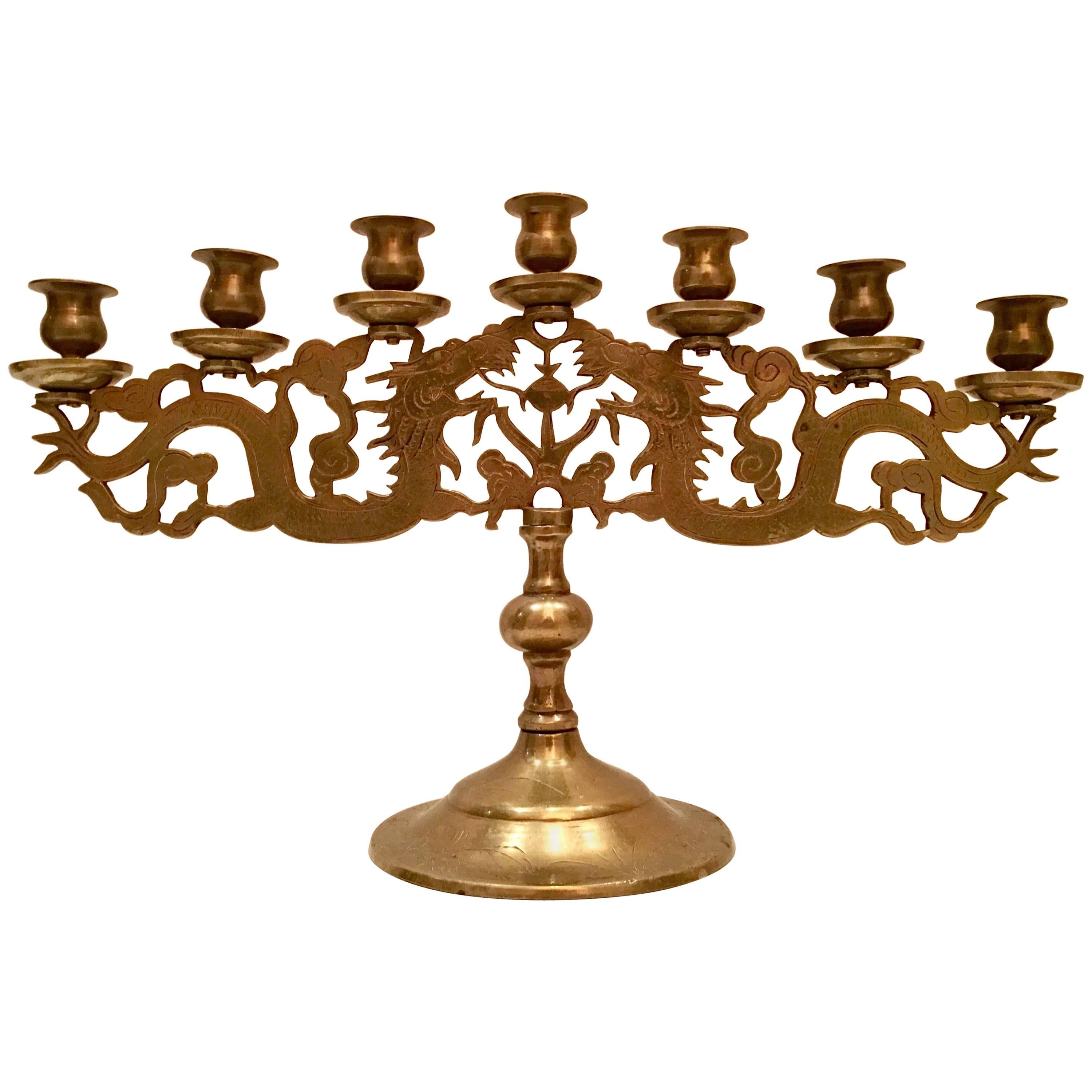 Antique Chinese Brass Dragon Seven-Light Candelabra