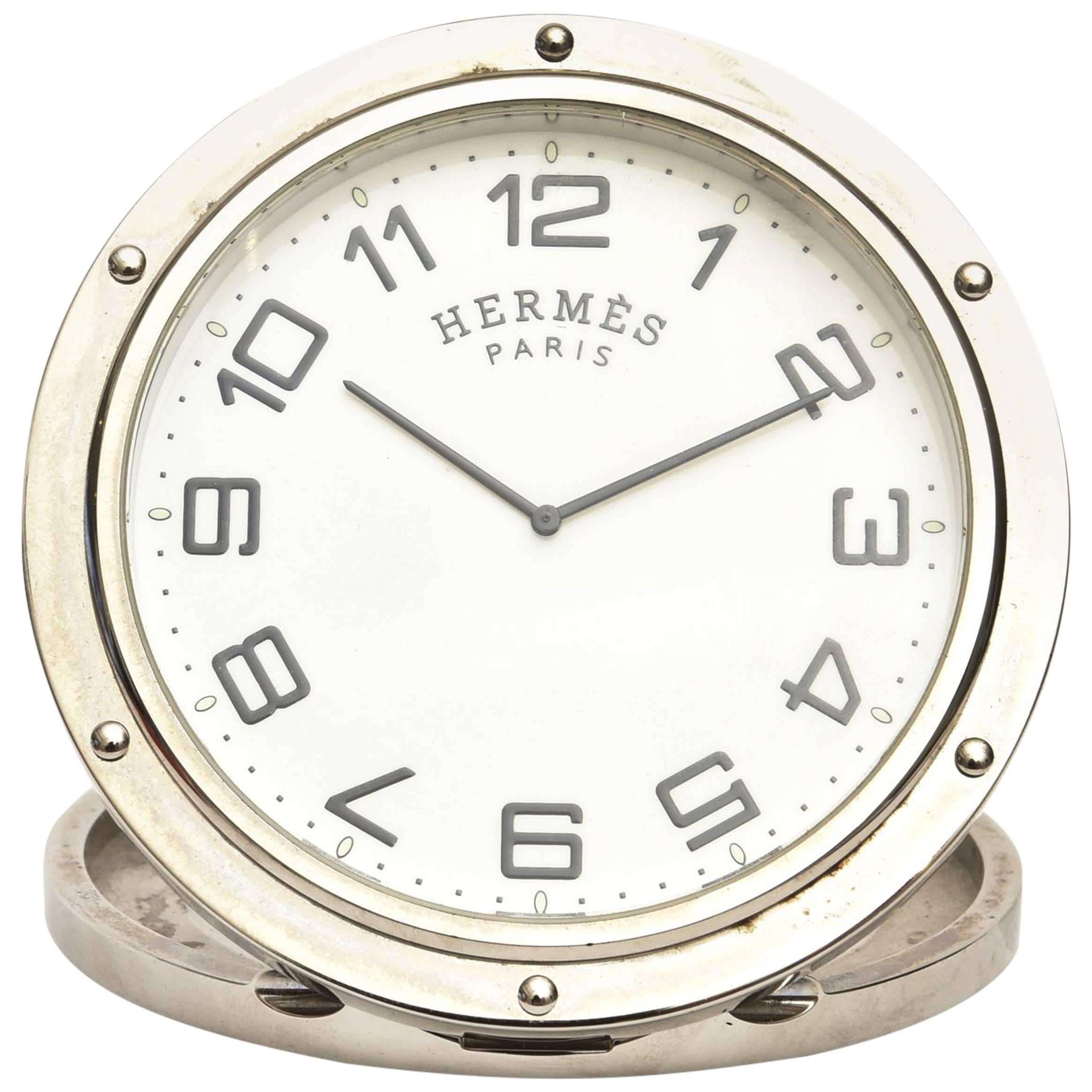 Hermes Edelstahl Pendulette Clipper Reise oder Schreibtisch Uhr / HOLIDAY SALE