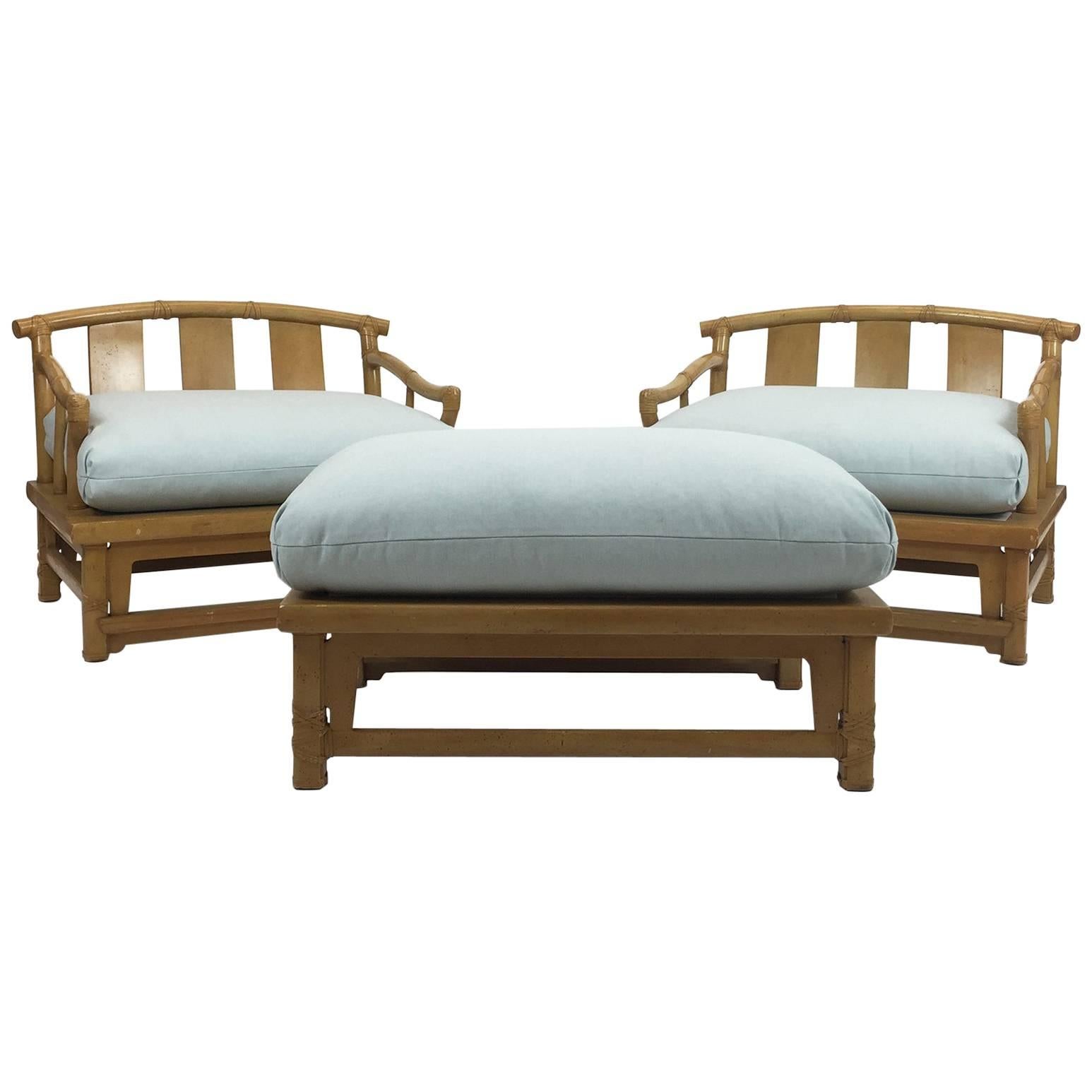 Pair of Yoke Back 
Bamboo
 Lounge Chairs and Ottoman by Henredon, 1990s