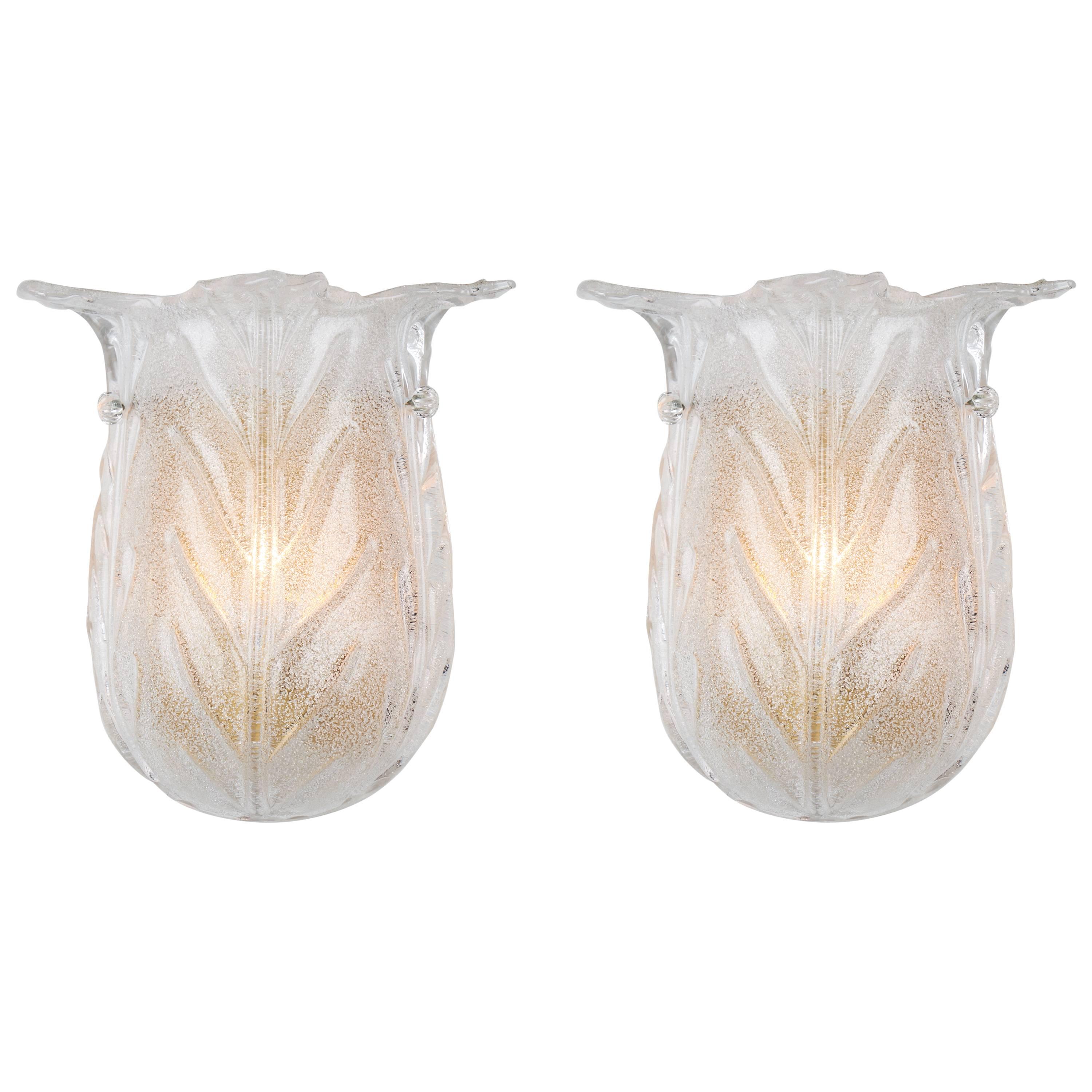 Pair of Tulip Shaped Murano Glass Sconces For Sale