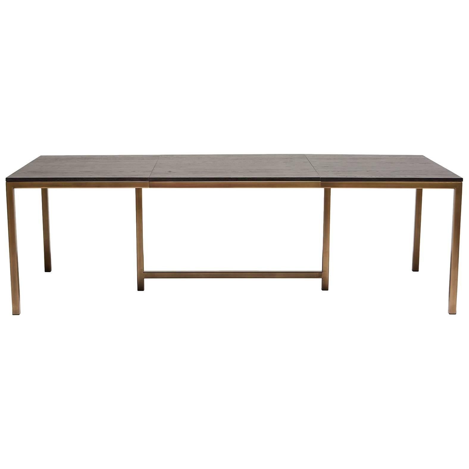 Ebonized Oak and Antique Brass Expandable Dining Table