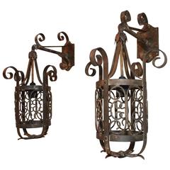 Antique Rare Pair of 1920s Wrought Iron Outdoor Sconces
