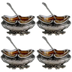 Antique Puiforcat French Sterling Silver 18k Gold set of Four Salt Cellars with Spoons