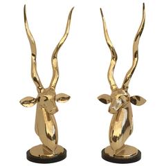 Pair of Art Deco Style Brass Kudu or Antelope Sculpture