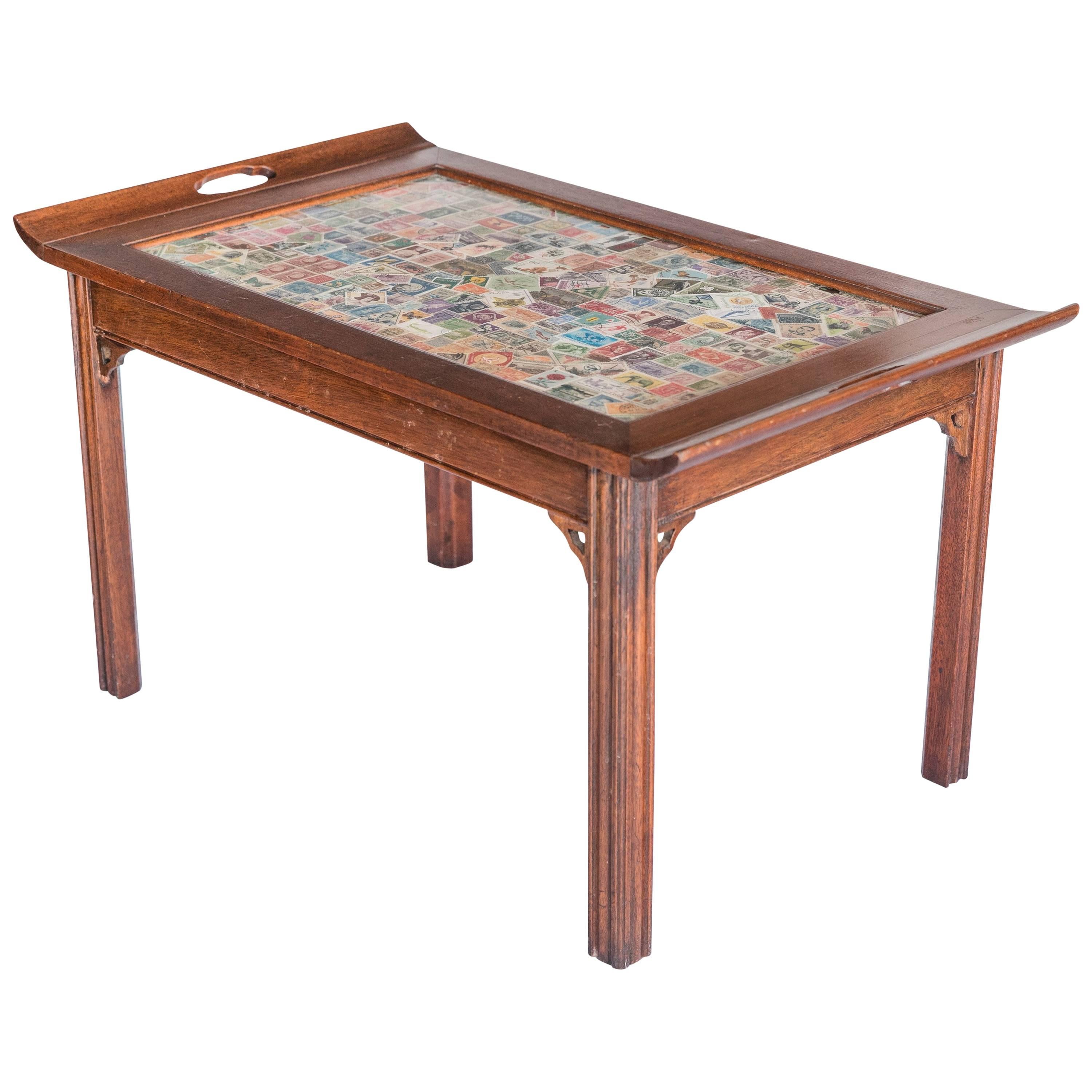 Custom Butler-Style Coffee Table with Postage Stamp Top, 20th Century For Sale
