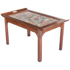 Antique Custom Butler-Style Coffee Table with Postage Stamp Top, 20th Century