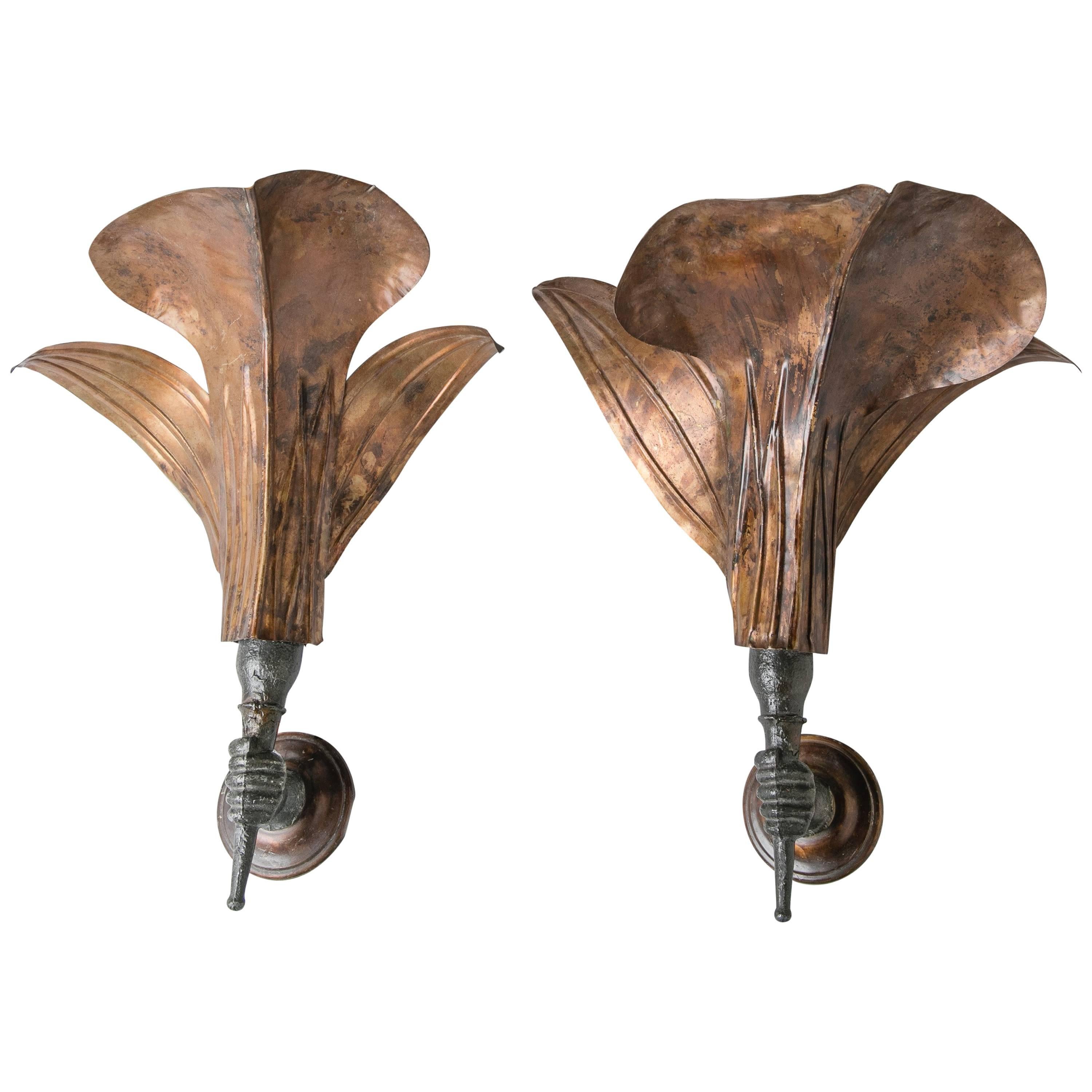 Mid-Century Italian Bronze Hand Sconces, Pair