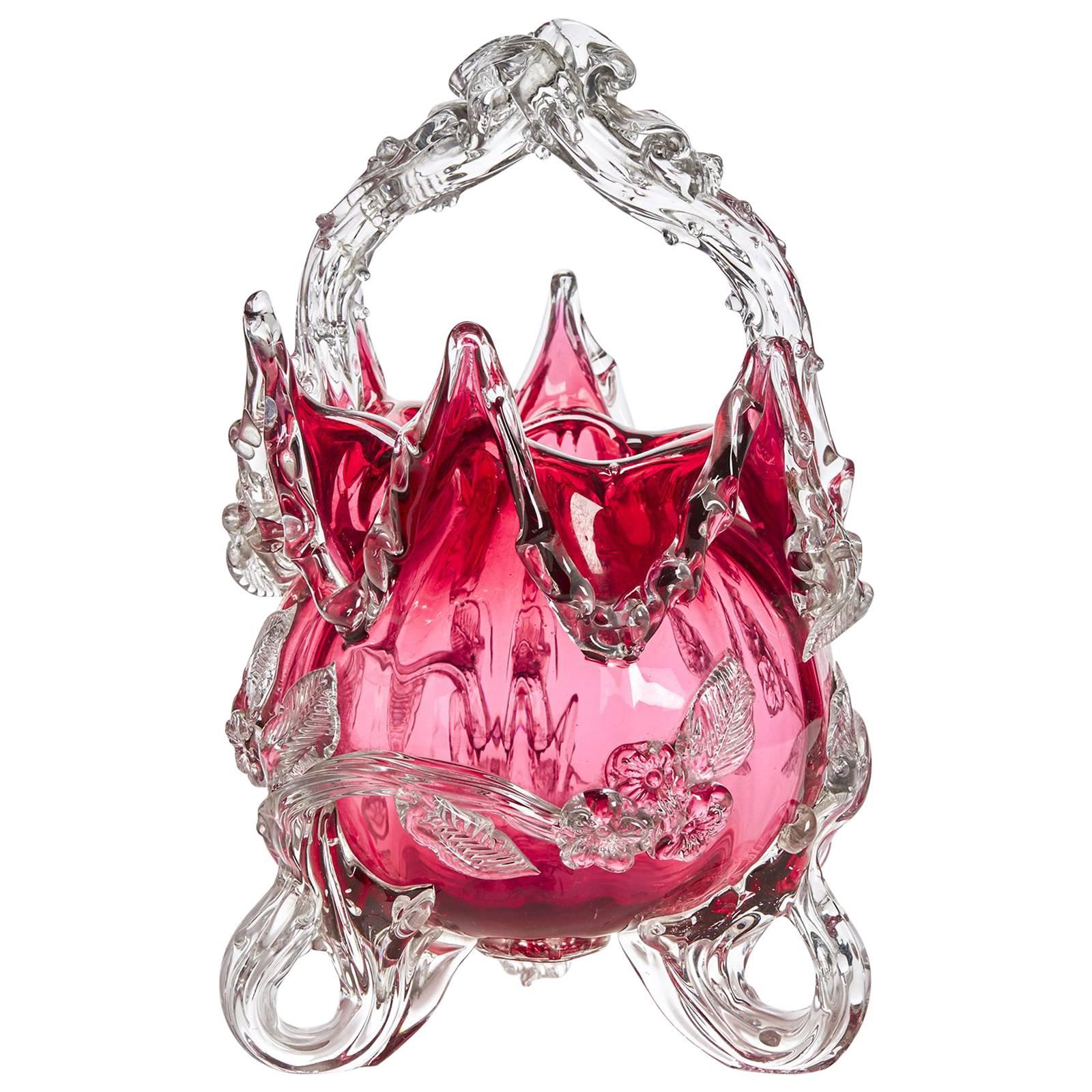 Antique Rare Victorian Cranberry Glass Handled Basket 19th Century