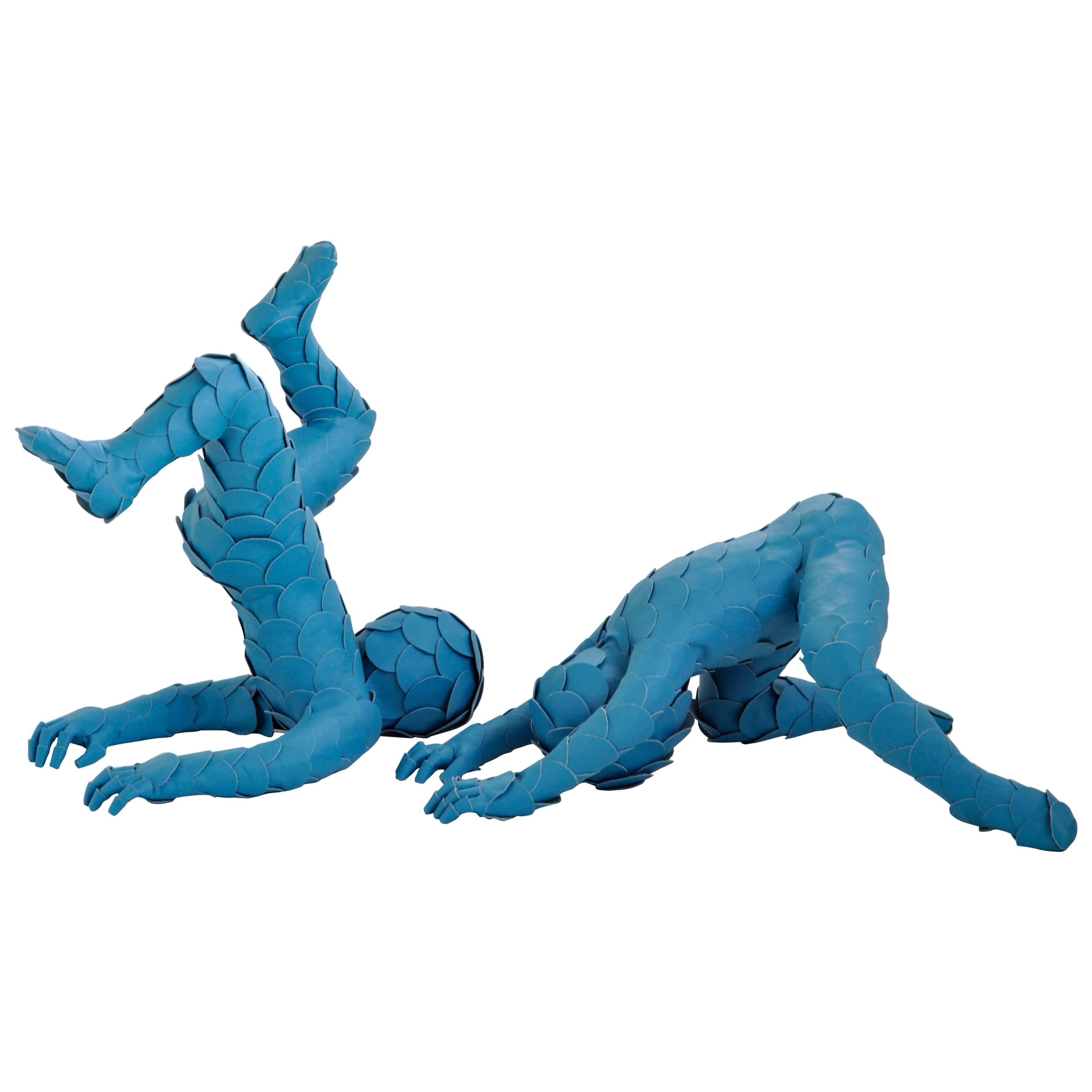 Untitled, Blue Leather Figurative Sculpture 'Set of Two' For Sale