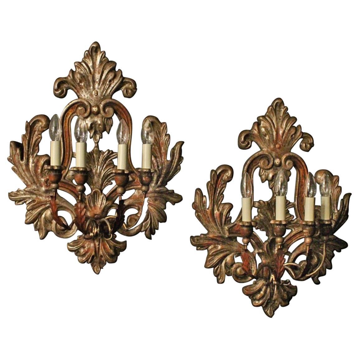 Florentine Pair of Silver Giltwood Wall Lights