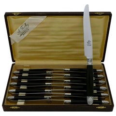 Used French Silver Carved Ebony Dinner Knife Set of 12 Pieces, Box, Shell