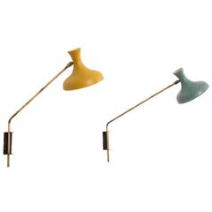 Pair of French Mid-Century Sconces or Wall Lamps in Blue and Yellow
