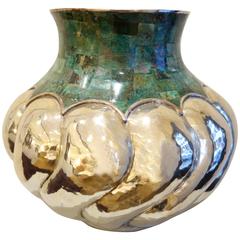 Mexican Los Castillo Silvered Metal and Turquoise Stone Vase, circa 1950s Mexican Los Castillo Silvered Metal and Turquoise Stone Vase, circa 1950s