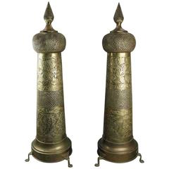 Pair of Oversized Vintage Persian Hammered Brass Minaret Floor Lamps, circa 1940