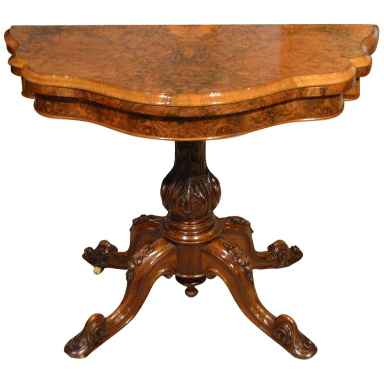 Burr Walnut Victorian Period Antique Fold over Card Table at 1stDibs