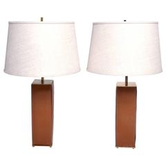 Pair of Leather and Brass Table Lamps, Mid-Century Period