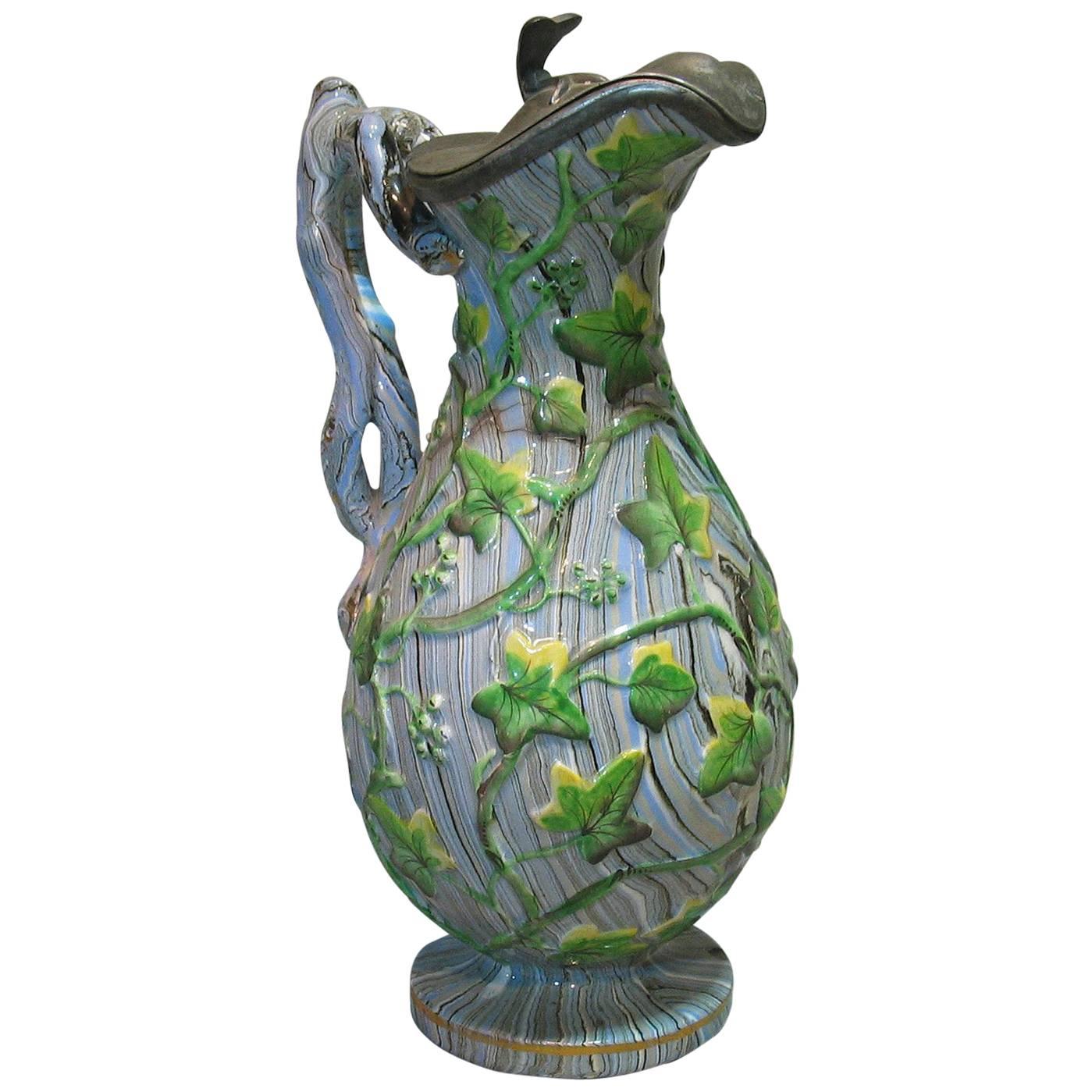 Rare Staffordshire Agateware Pitcher with Pewter Lid, circa 1840 For Sale