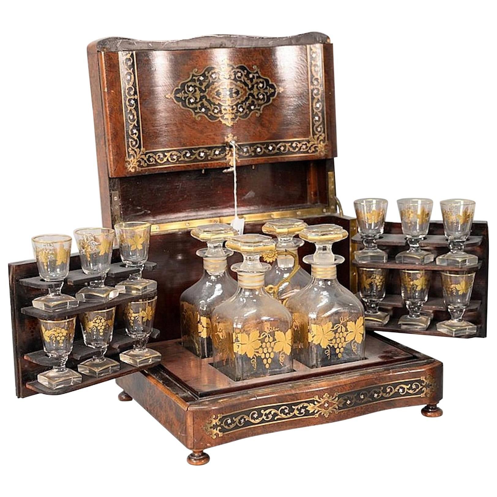 20th Century French Napoleon Style Burled Cave a Liqueur Set Tantalus Decanter