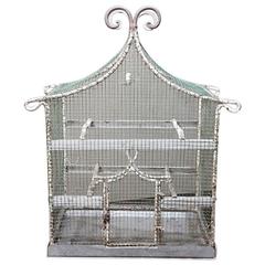 19th Century French Antique Wire Pagoda Shape Birdcage, Painted White 1