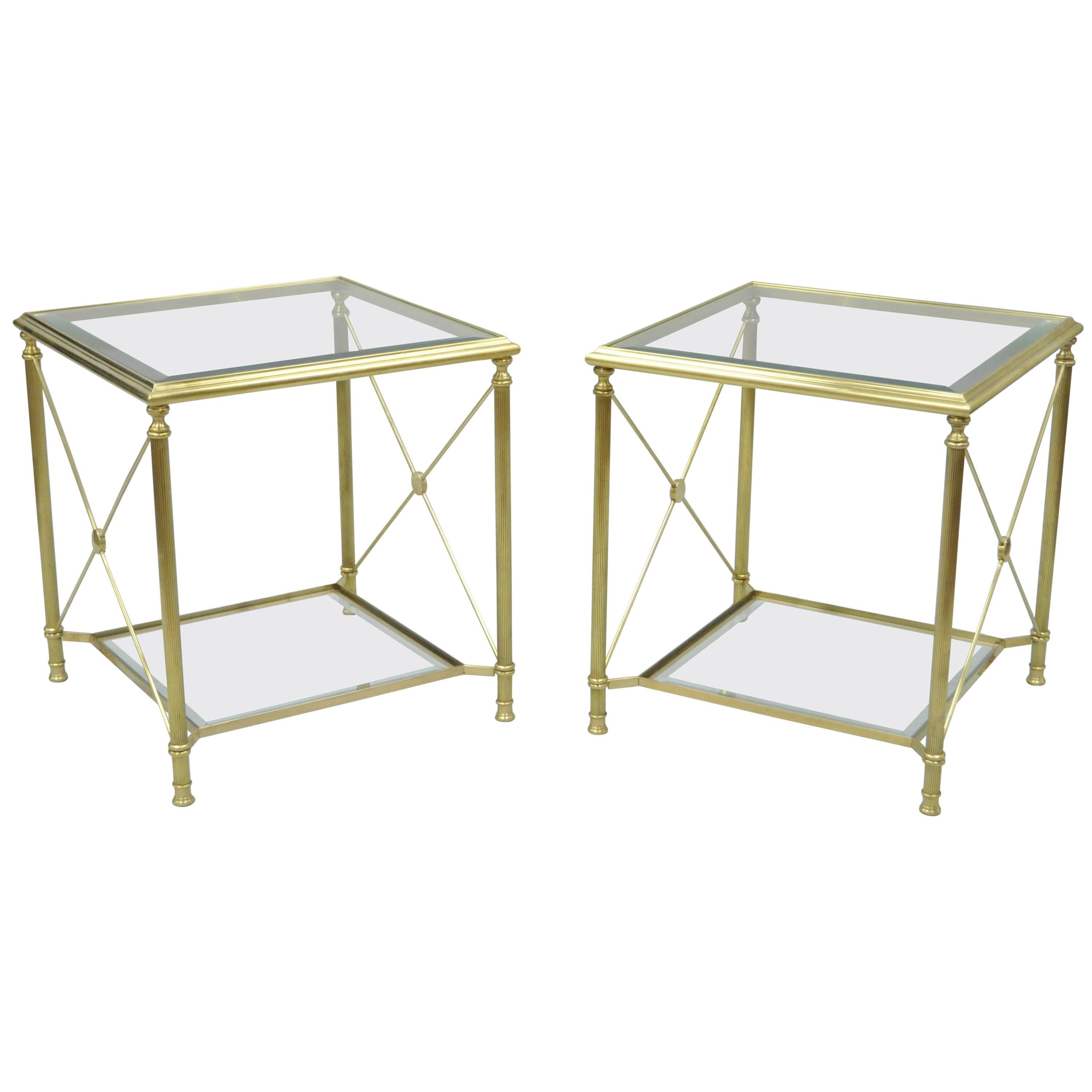 Pair of Brass and Glass Neoclassical Directoire Style X-Form Square End Tables