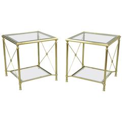 Pair of Brass and Glass Neoclassical Directoire Style X-Form Square End Tables