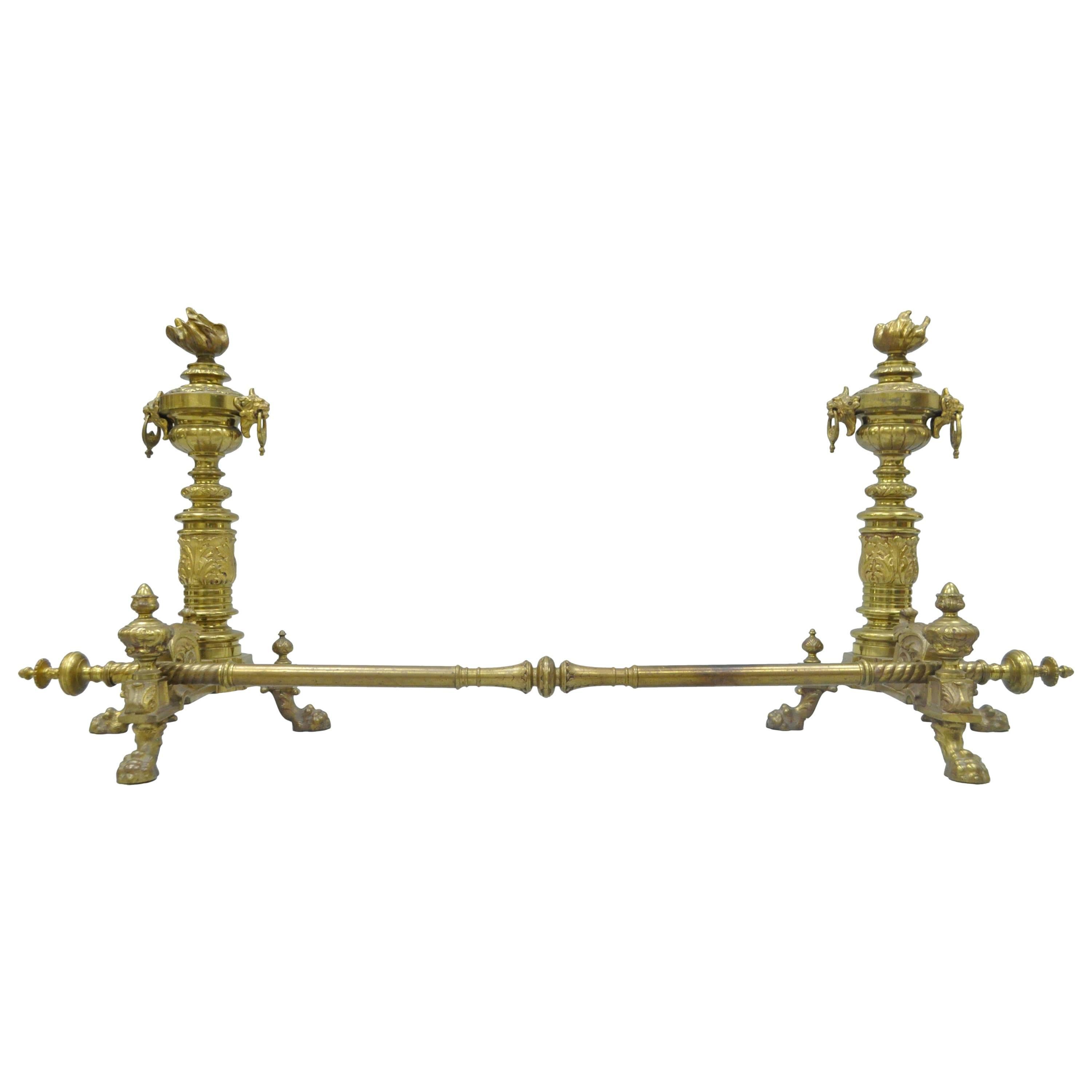 Pair of 19th C. French Empire Neoclassical Flame & Lion Brass Paw Andirons & Bar For Sale