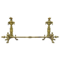 Antique Pair of 19th C. French Empire Neoclassical Flame & Lion Brass Paw Andirons & Bar