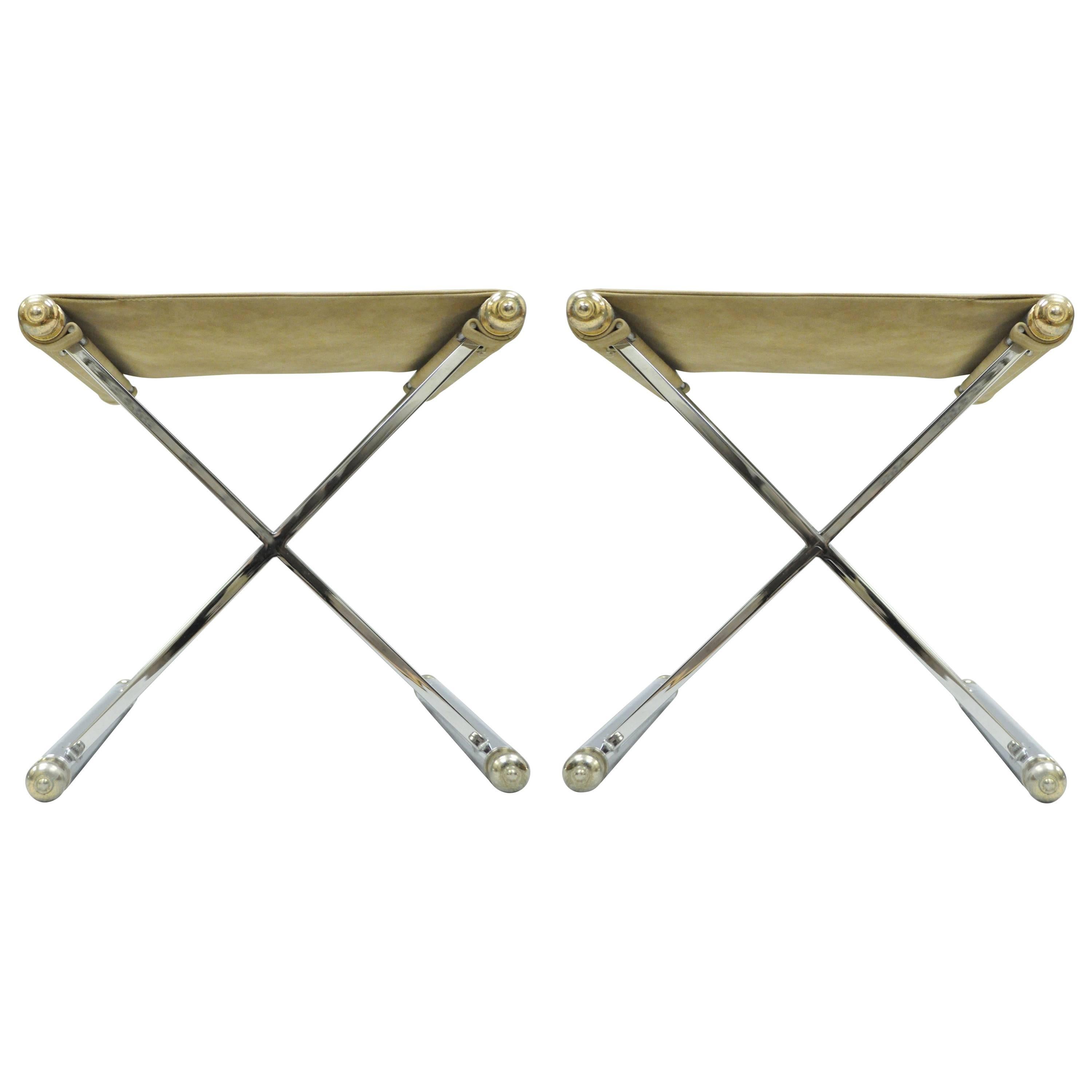 Pair of Hollywood Regency Maison Jansen Style X-Frame Chrome and Brass Stools