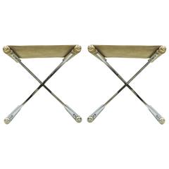 Pair of Hollywood Regency Maison Jansen Style X-Base Chrome and Brass Stools 7