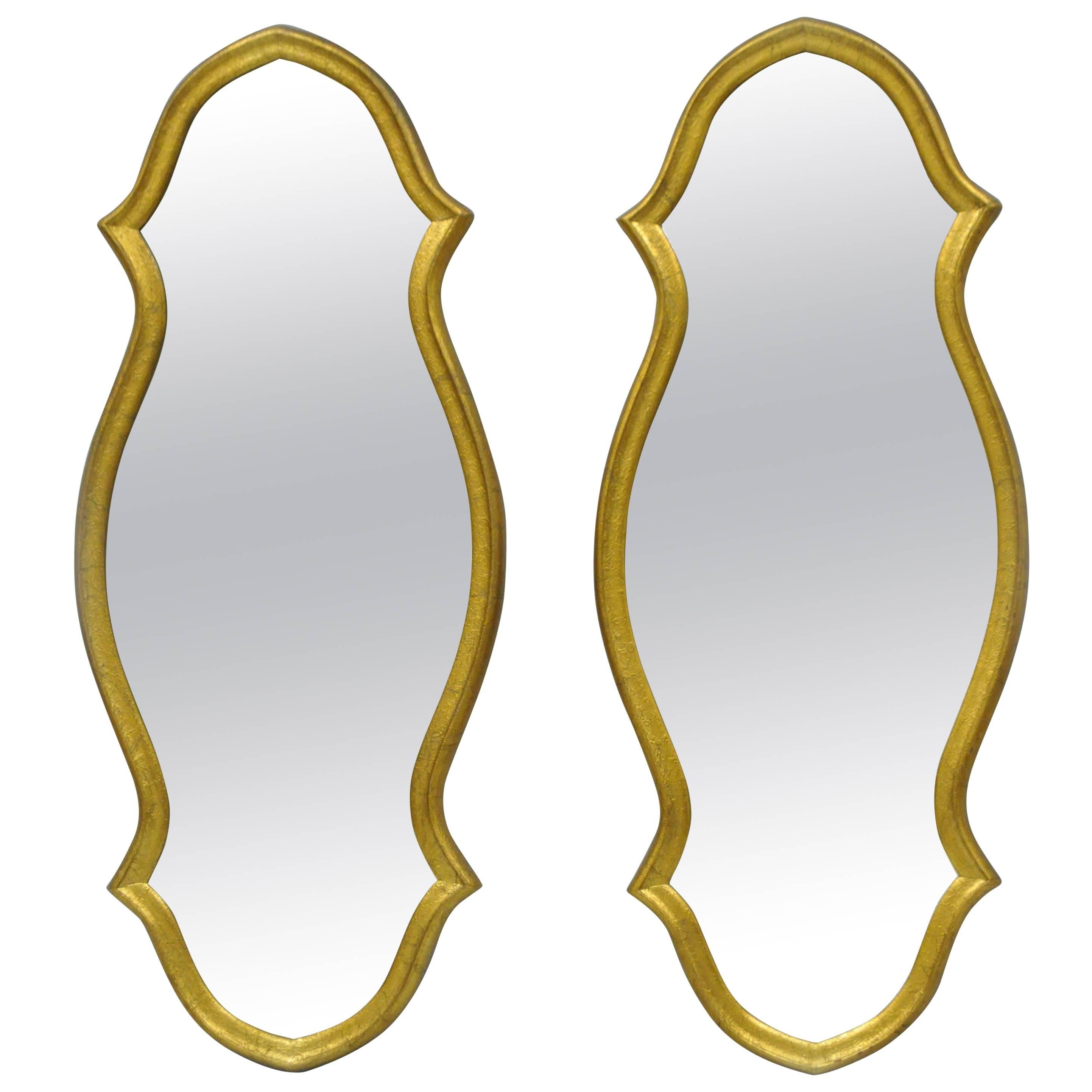 Pair of Vintage Carved Wood Hollywood Regency Gold Keyhole Frame Wall Mirrors