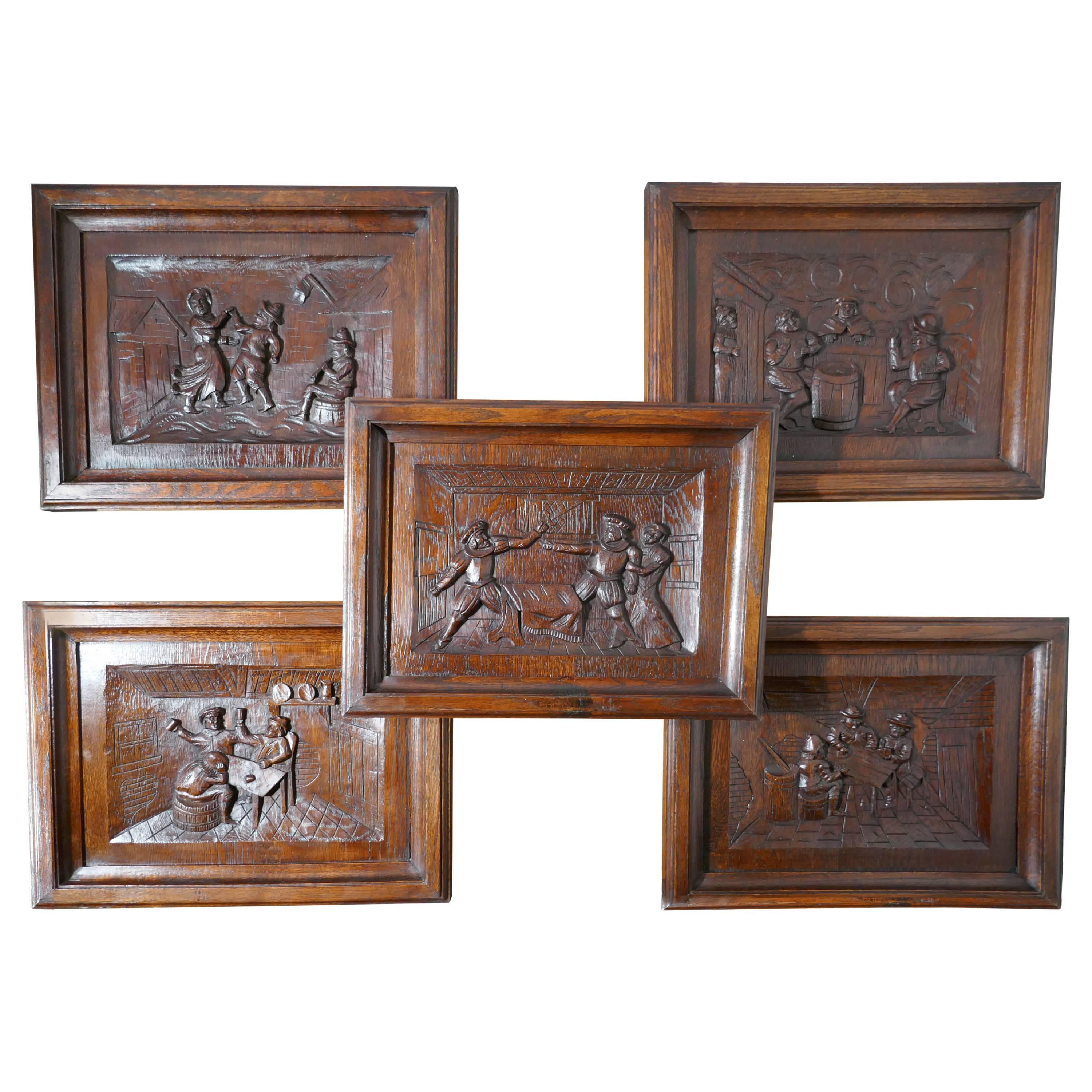 Set of Five Flemish Framed Carved Oak Panels, Tavern Scenes Drinking Merriment