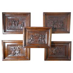 Set of Five Flemish Framed Carved Oak Panels, Tavern Scenes Drinking Merriment 2