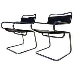 Pair of Great Italian Cantilever Armchairs with Saddle Leather