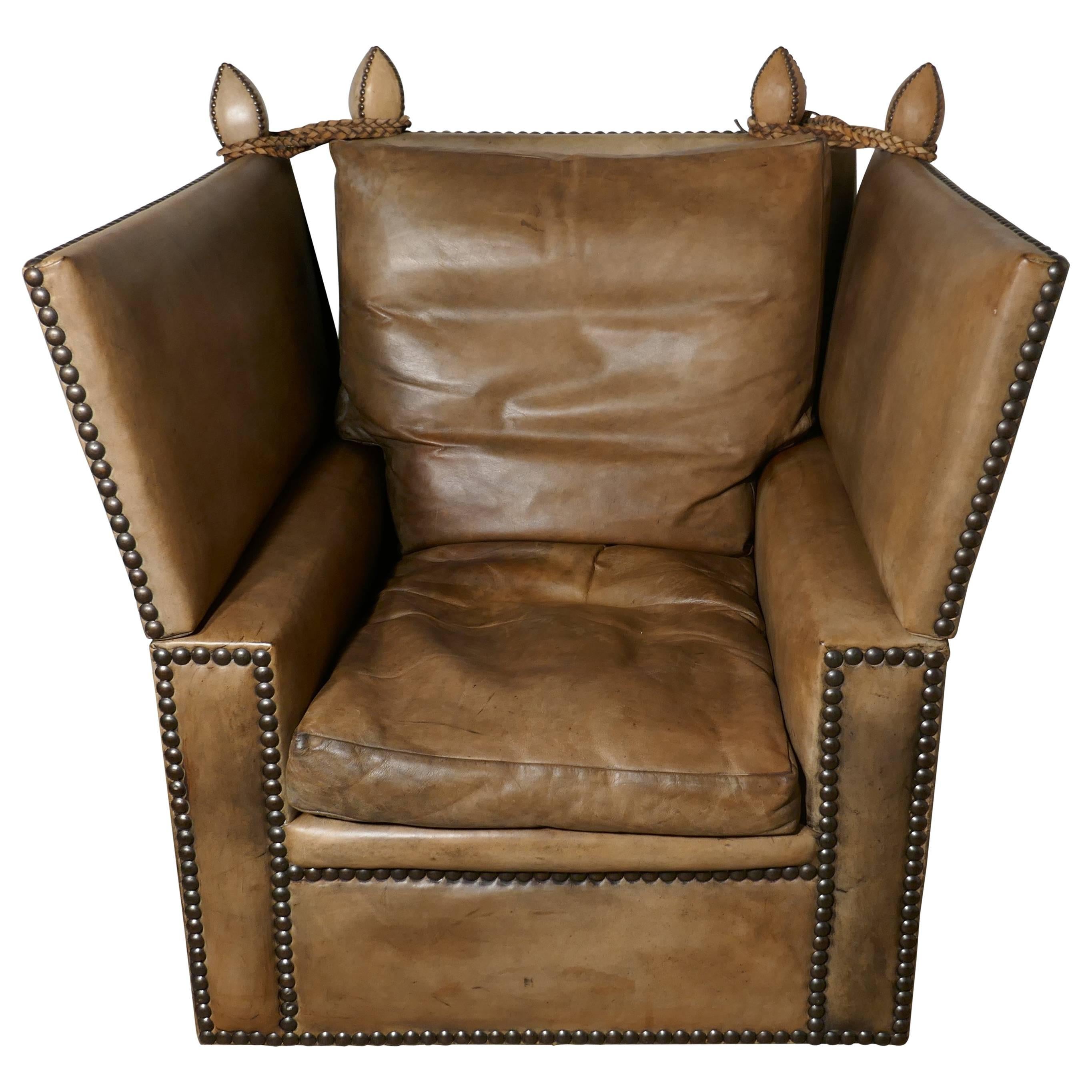 Large Victorian Soft Leather Knole Armchair
