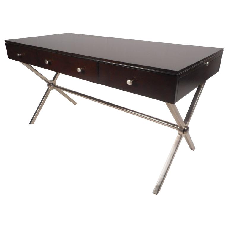 Large Contemporary Modern Chrome "X" Base Desk at 1stdibs