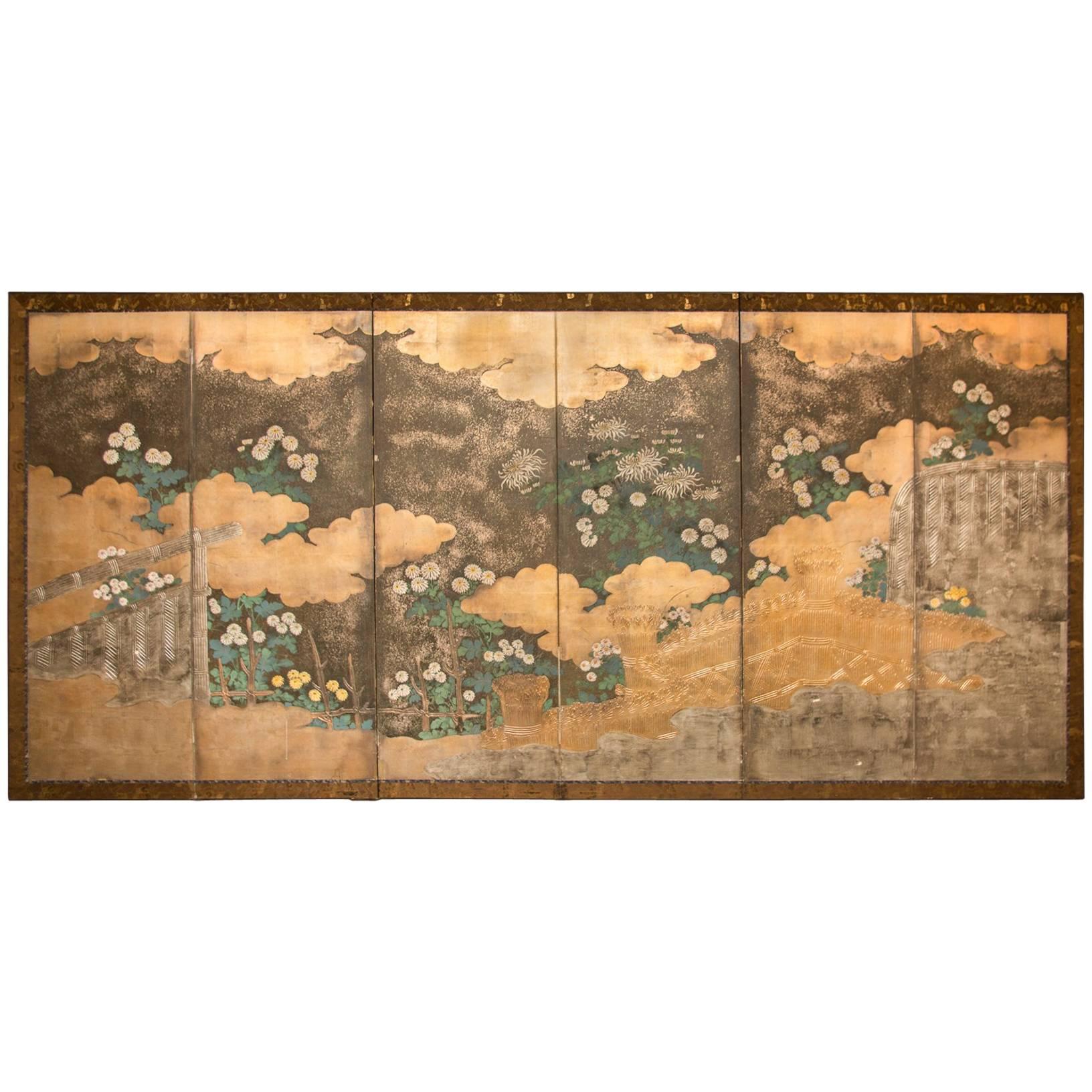 Japanese Six-Panel Screen, “Rimpa School Chrysanthemums on Silver and Gold”