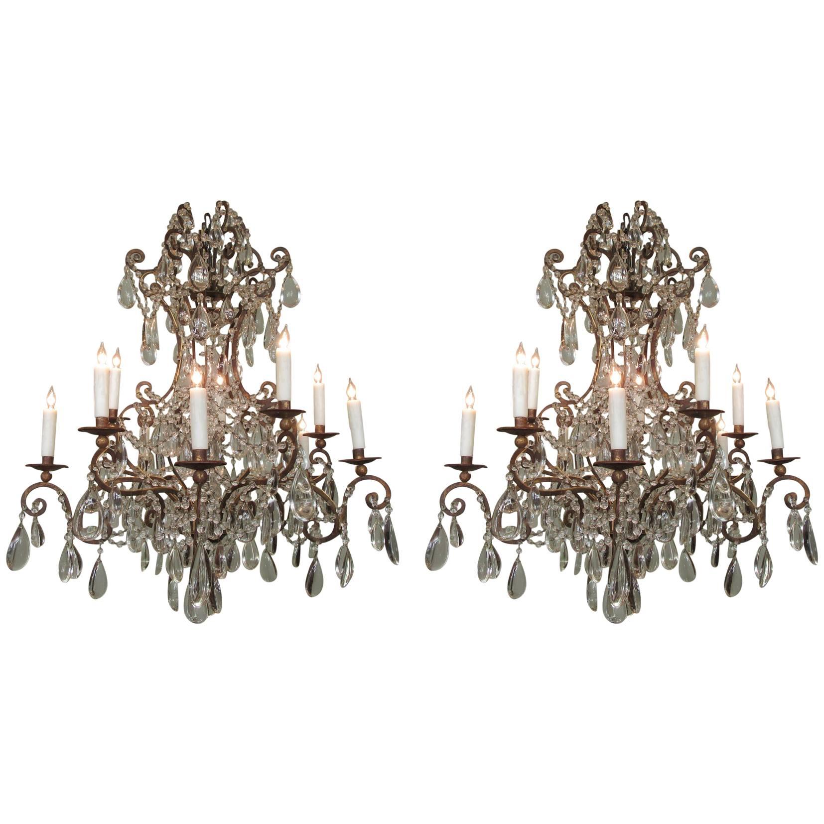 Early 19th Century Italian Gilt Tole and Polished Crystal Pendant Chandeliers