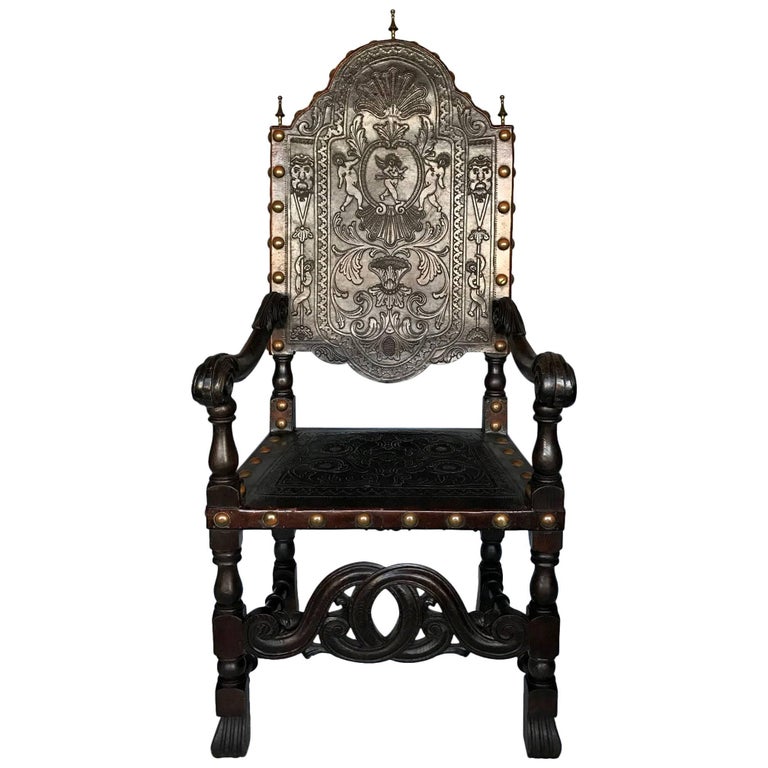 Antique Portuguese Armchair with Embossed Leather For Sale at 1stDibs
