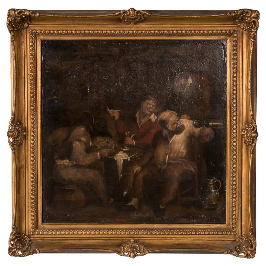 Antique 19th Century Original French Oil Painting of Men Drinking in a Tavern