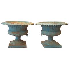Pair of Late 19th Century Cast Iron Urns with Duck Egg Blue Paint