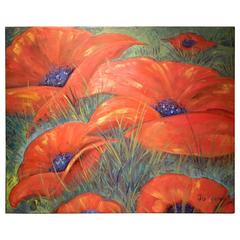 Decorative Oil on Canvas "Poppies in the Field" by Jo Perin, Late 20th Century