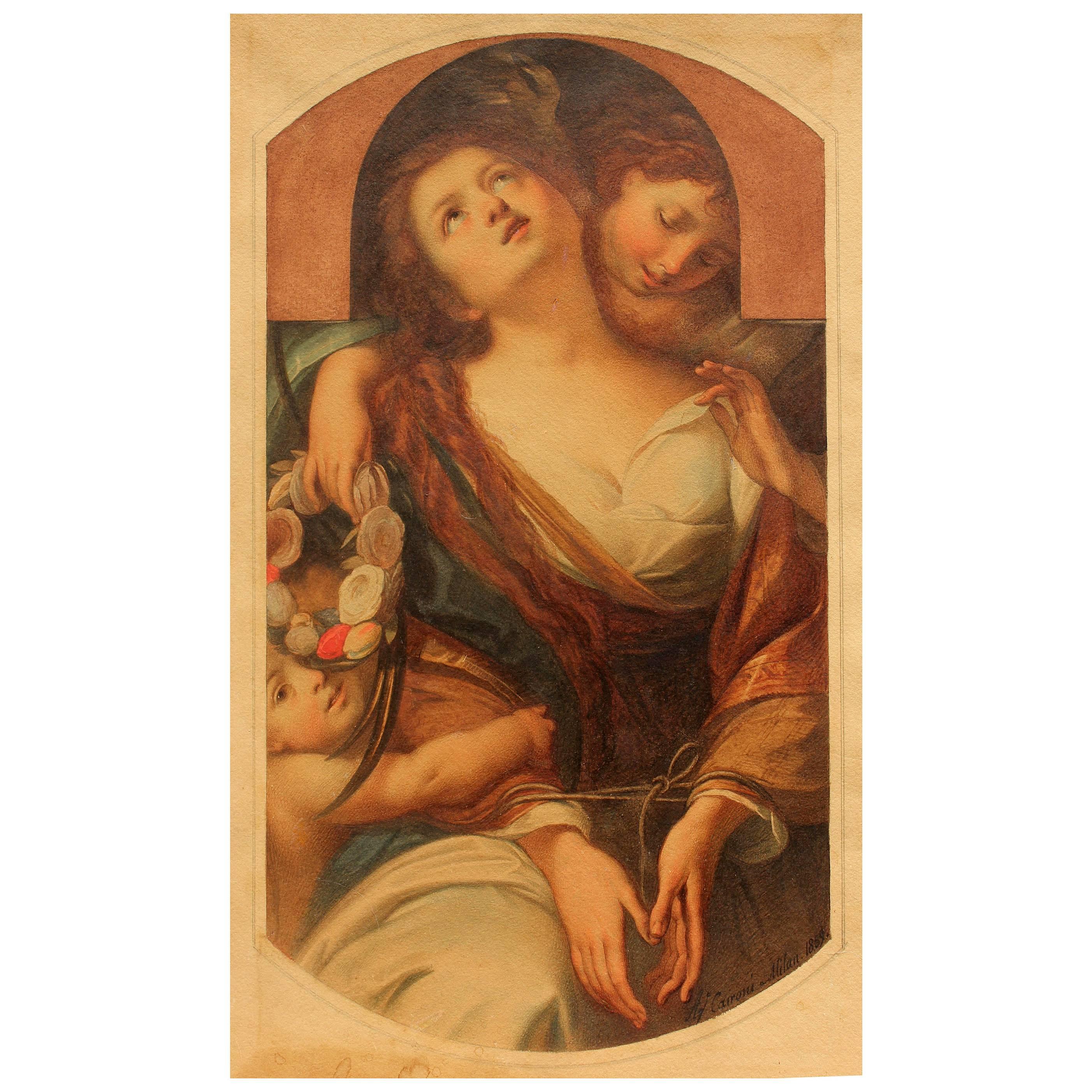 Exceptionally fine 19th century allegorical painting of chastity. Watercolor painted by Italian artist Agostino Caironi. Dated 1859 Milan.