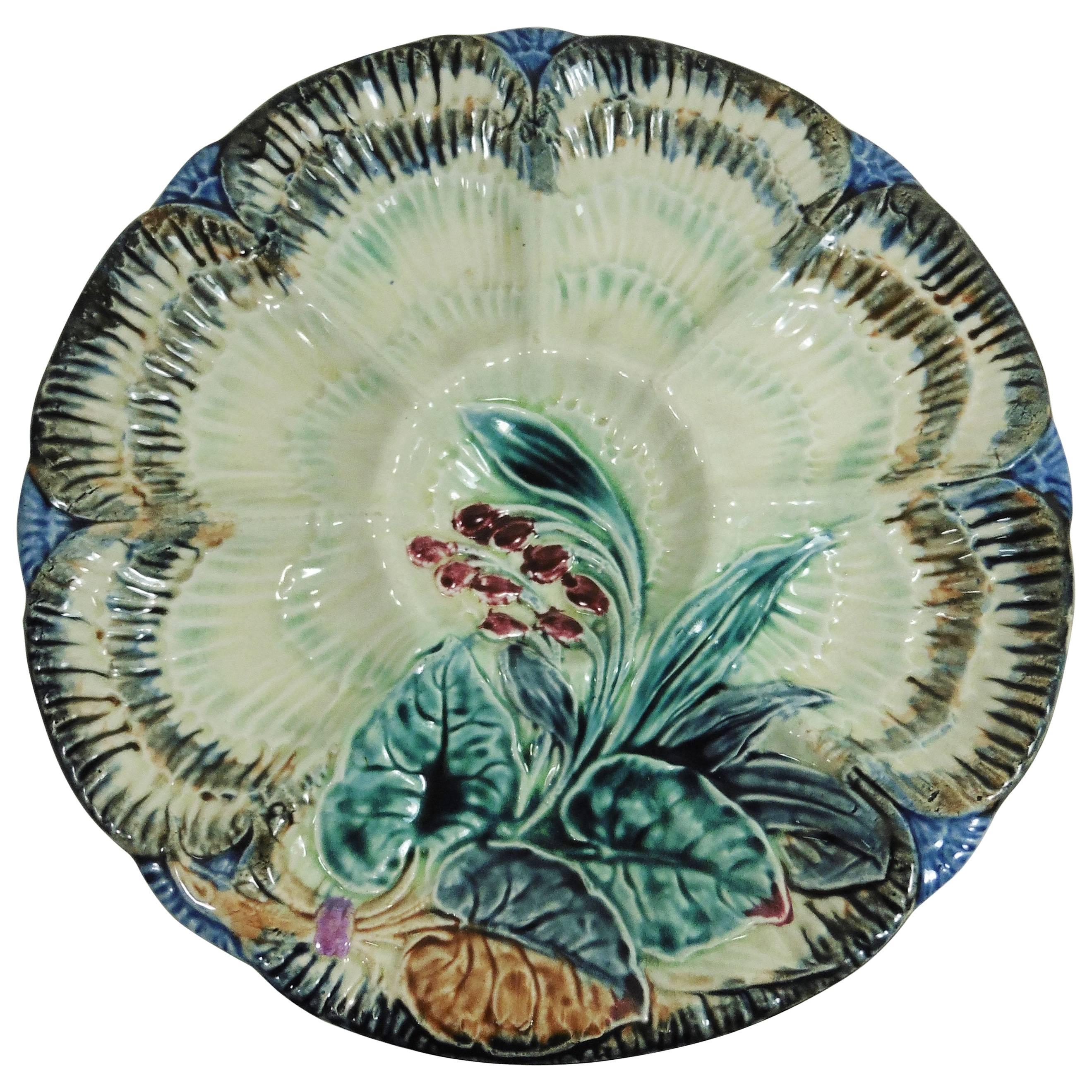 19th Century Belgium Majolica Flowers Oyster Plate, Wasmuel