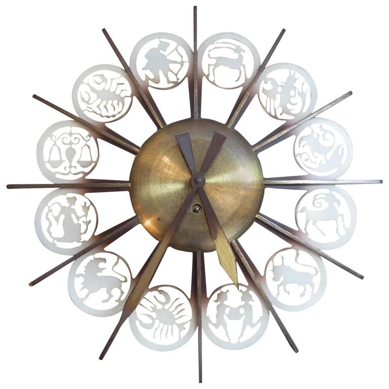 Bronze MidCentury German Zodiac Themed Wall Clock For Sale at 1stDibs