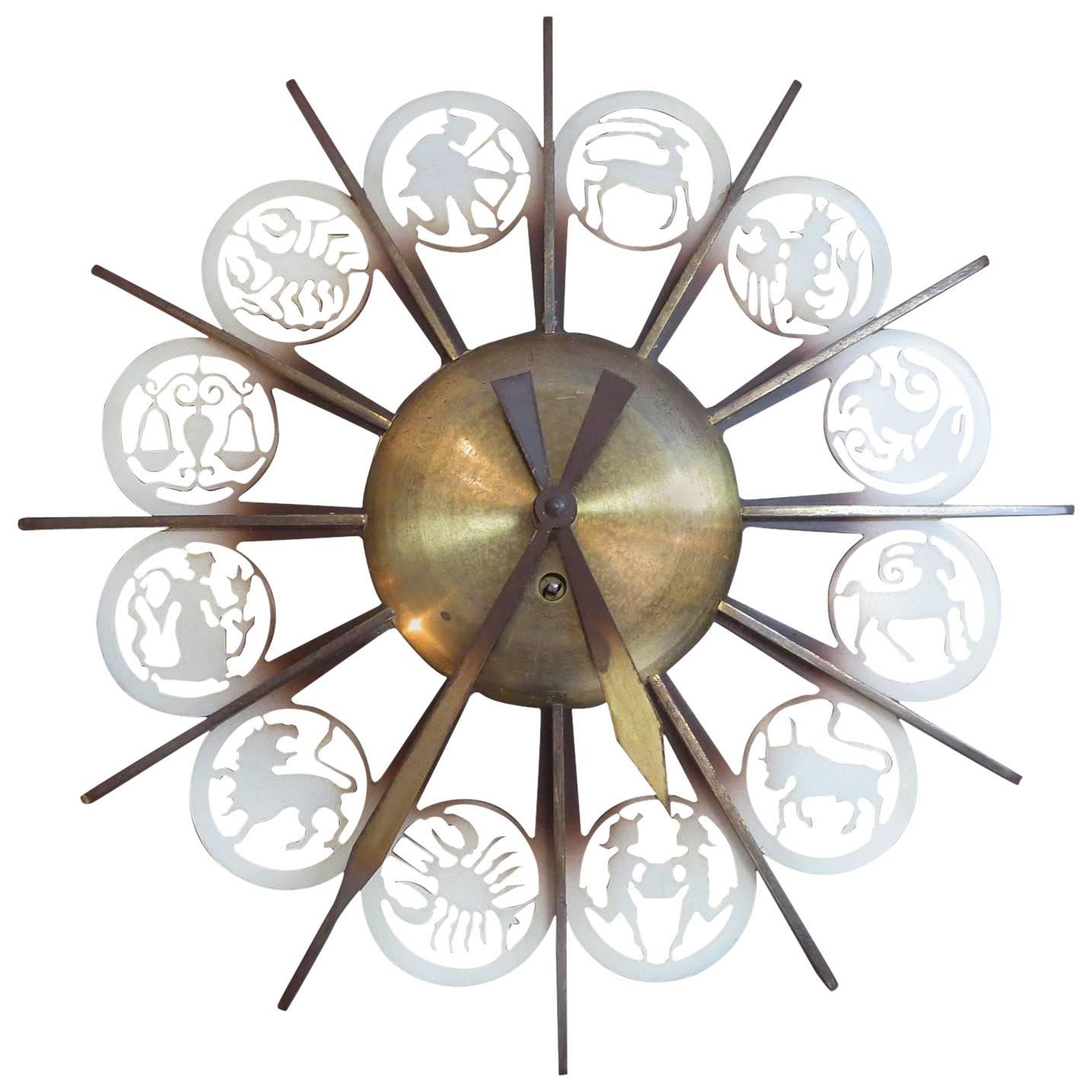 Bronze Mid-Century German Zodiac Themed Wall Clock For Sale