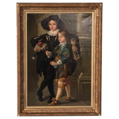 Antique 18th Century German Original Oil Painting Portrait of Two Young Boys